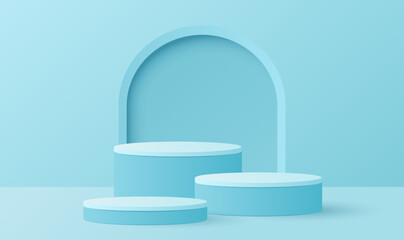 Minimal scene with blue cylinder podium on light blue background. Product presentation, mock up, show cosmetic. Vector illustration