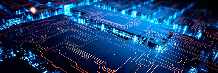 futuristic digital circuit pattern with glowing accents for a tech conference banner.