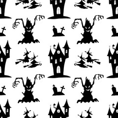 Set of halloween clipart, black silhouettes. Spooky houses, cemetery, halloween trees and witches. Vector illustration, seamless pattern on transparent background.