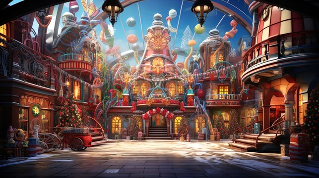 Santa's Candy Castle Cloudscape: A Christmas Land of Milk, Honey, and Toy Factories in the North Pole in 8K created with generative ai technology