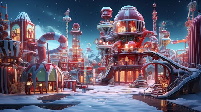 Santa's Candy Castle Cloudscape: A Christmas Land of Milk, Honey, and Toy Factories in the North Pole in 8K created with generative ai technology