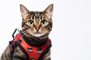 Headshot portrait photography of a smiling havana brown cat wearing a ladybug wings harness against a white background. With generative AI technology