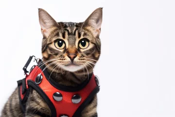 Foto op Aluminium Headshot portrait photography of a smiling havana brown cat wearing a ladybug wings harness against a white background. With generative AI technology © Markus Schröder