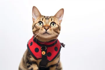 Rucksack Headshot portrait photography of a smiling havana brown cat wearing a ladybug wings harness against a white background. With generative AI technology © Markus Schröder