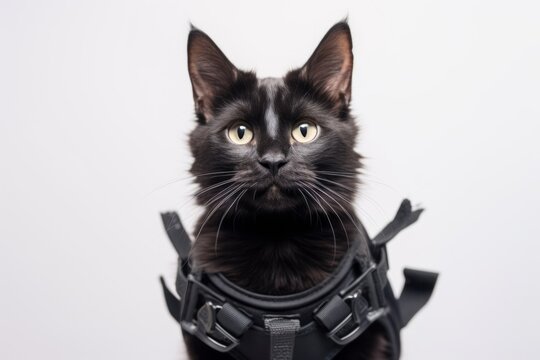 Medium shot portrait photography of a funny laperm cat wearing a bat wings harness against a white background. With generative AI technology