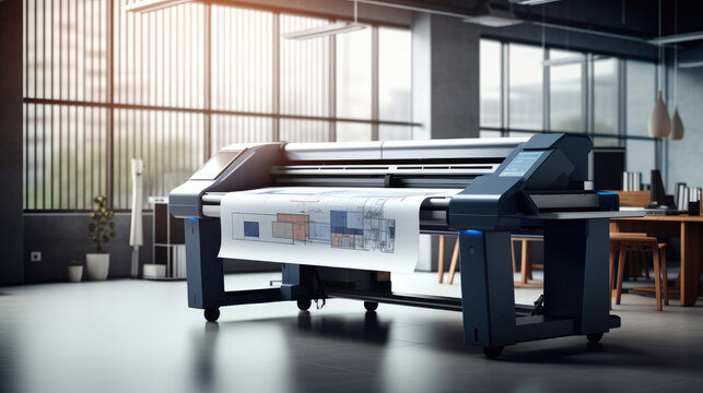 Professional large format plotter at an engineering office printing design blueprints as wide banner with copy space area