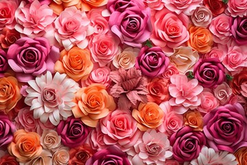 Colorful flower blooms form a romantic, vibrant wall. Pink roses compose a beautiful 3D-rendered floral background. Generative AI