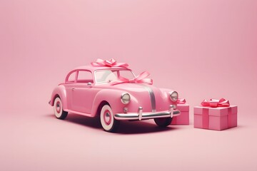 Vintage pink car with ribbon on top and gifts. Minimal composition, pink background.