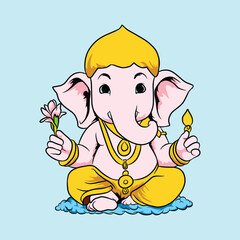 Ganesha god cute character lotus pose, meditation in cartoon style