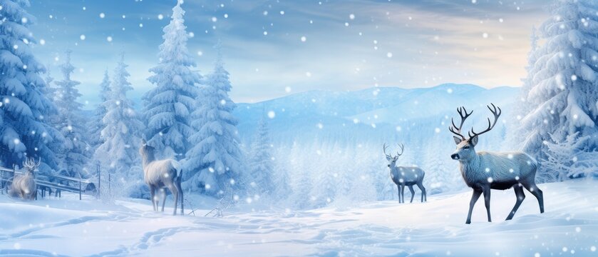 reindeers in winter panoramic with snow-covered fir branches and snowfall flakes, Christmas banner background, Generative AI