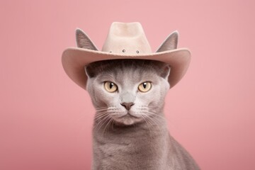 Medium shot portrait photography of a funny korat cat wearing a cowboy hat against a pastel or soft colors background. With generative AI technology
