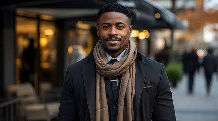 Portrait of handsome african american businessman with scarf looking at camera - obrazy, fototapety, plakaty