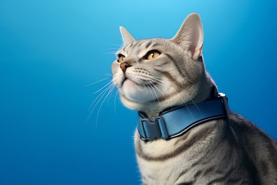 Photography in the style of pensive portraiture of a smiling ragamuffin cat wearing a shark fin harness against a royal blue background. With generative AI technology