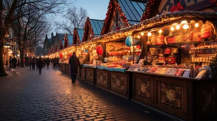Deurstickers Enchanted Cityscape: Bustling Christmas Market with Twinkling Lights and Festive Stalls in 8K created with generative ai technology © Digital Vision Lab