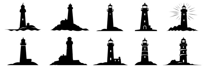 Lighthouse silhouettes set, large pack of vector silhouette design, isolated white background
