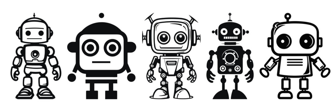 Robot silhouettes set, large pack of vector silhouette design, isolated white background