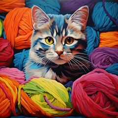 Cat sitting in front of colorful yarns