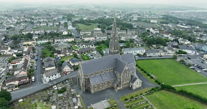 Flying over Catholic Church which overlooks the entire coastal town of Tramore