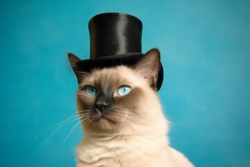 Photography in the style of pensive portraiture of a cute balinese cat wearing a top hat against a turquoise blue background. With generative AI technology
