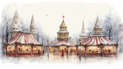 the enchanting atmosphere of a bustling Christmas market. Wooden stalls brimming with handcrafted treasures, a majestic carousel as the square's centerpiece