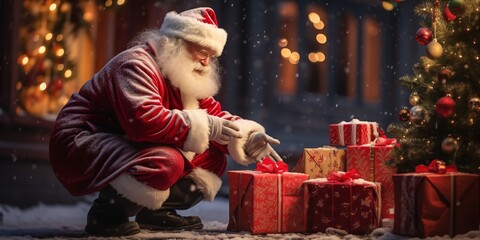 Santa Claus puts down gift boxes under the Christmas tree. Generative Ai.