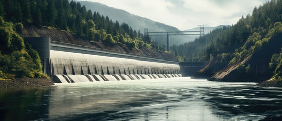 Hydroelectric power dam on a river and dark forest in beautiful mountains, Generative AI