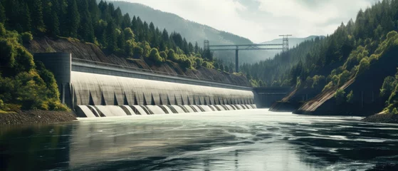 Poster de jardin Rivière forestière Hydroelectric power dam on a river and dark forest in beautiful mountains, Generative AI