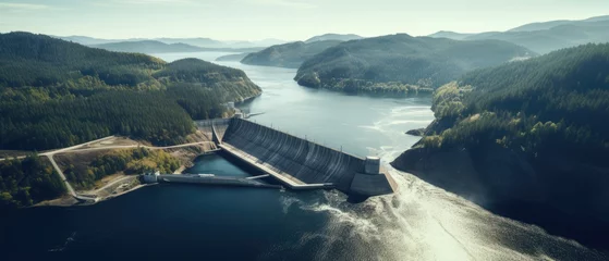 Foto op Canvas Hydroelectric power dam on a river and dark forest in beautiful mountains, Generative AI © Onchira