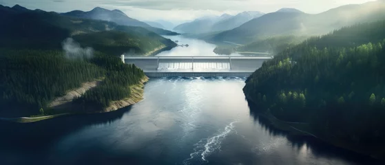 Photo sur Plexiglas Rivière forestière Hydroelectric power dam on a river and dark forest in beautiful mountains, Generative AI