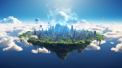 levitation city fantasy in sky with clouds