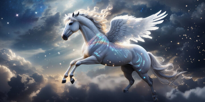A magnificent Pegasus horse takes fligh