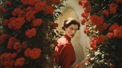 retro photo of woman in red dress leaves garden with red flowers