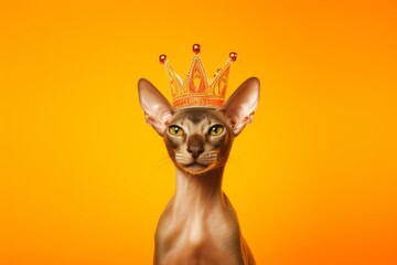 Lifestyle portrait photography of a funny oriental shorthair cat wearing a king's crown against a bright orange background. With generative AI technology