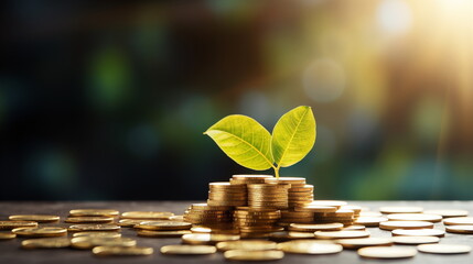 stacks of coins on grass with root on blur sunlight background investment in ecology
