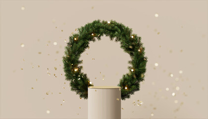 3D podium display. Beige Christmas background for beauty product presentation or text. Green pine wreath with lights and gold confetti. Luxury pedestal showcase round frame. 3D render winter mockup. - obrazy, fototapety, plakaty