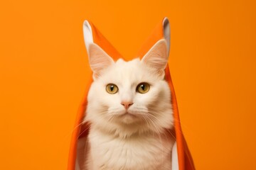 Full-length portrait photography of a happy turkish angora cat wearing a shark fin costume against a bright orange background. With generative AI technology