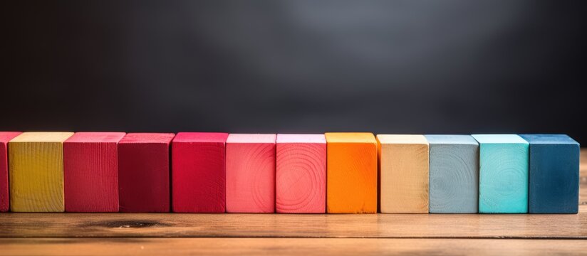 Diverse wooden blocks arranged diagonally on vintage table Ample space Blurred background