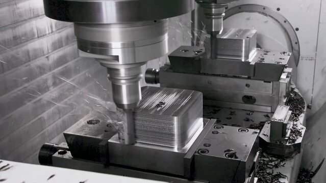 Twin Multi-axis CNC machine with dual end mill cutter while machining & forming raw metal workpieces material to cube shape.