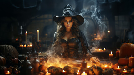 Young Sexy Witch with long hair and black leather clothes in front of a table with Smoke many Candles and Sorcery ingredients - AI generated