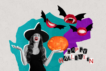 Collage artwork picture of scary sexy vampire laughing bat mouth flying isolated painting background