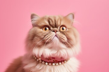 smiling persian cat wearing a bell collar in peachy pink background