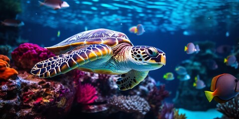 Deep in the ocean, a turtle is accompanied by a group of colorful fish and other aquatic creatures, Generative AI.