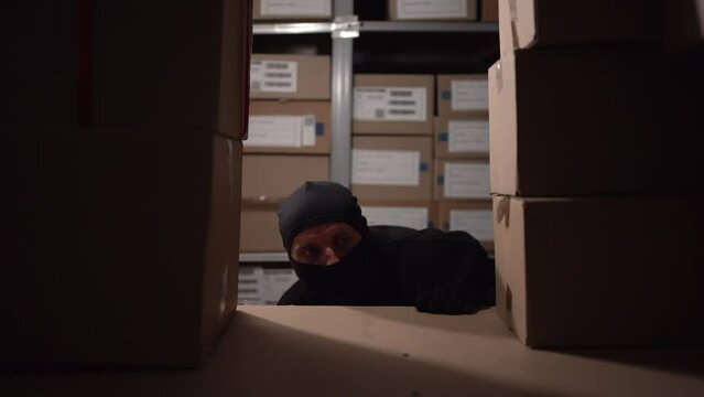 Police raid at night, thief arrest concept. flashing red and blue police lights on warehouse.