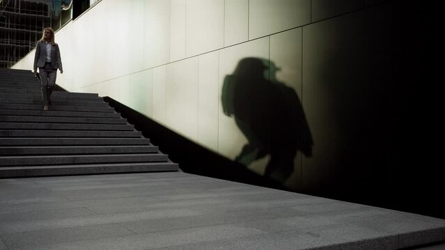 Business woman walking down stairs with her shadow on wall