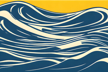 Abstract Background of Blue Ocean Waves And Ripples On Yellow Horizon Pop art style