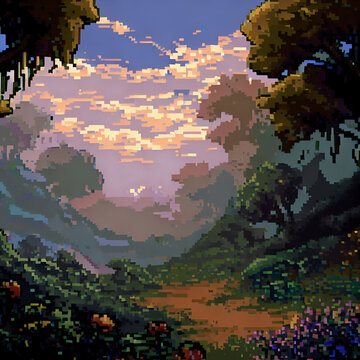 1990s Point & Click 64 bit Pixel Wall Art Graphics Video Game Console Asset Style Quiet Cloudy Magical Sunset Mountain Forest Trail Pattern Landscape Nature Shot Journey Computer Architecture
