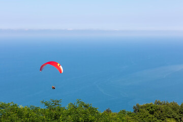 Paraglider in the blue sky and sea. The sportsman flying on a paraglider.