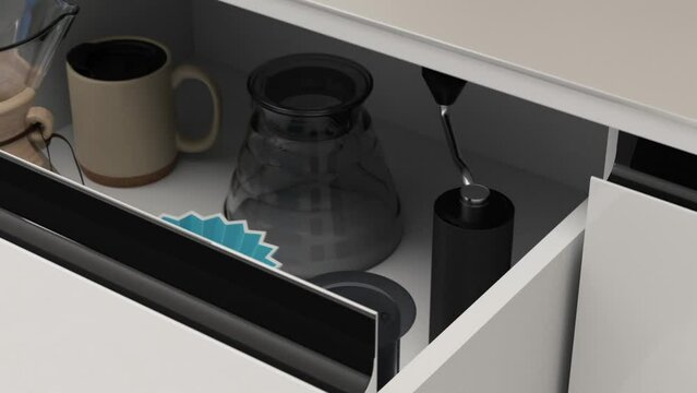 Close up shot of a high end luxury finish cupboard drawer closing containing coffee geek items - 3D render