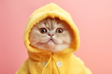 happy selkirk rex cat wearing a banana costume isolated on peachy pink background