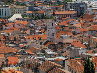Fototapeta na wymiar Aerial view from fort fortress of Medieval village of Sibenik, world heritage site in Croatia